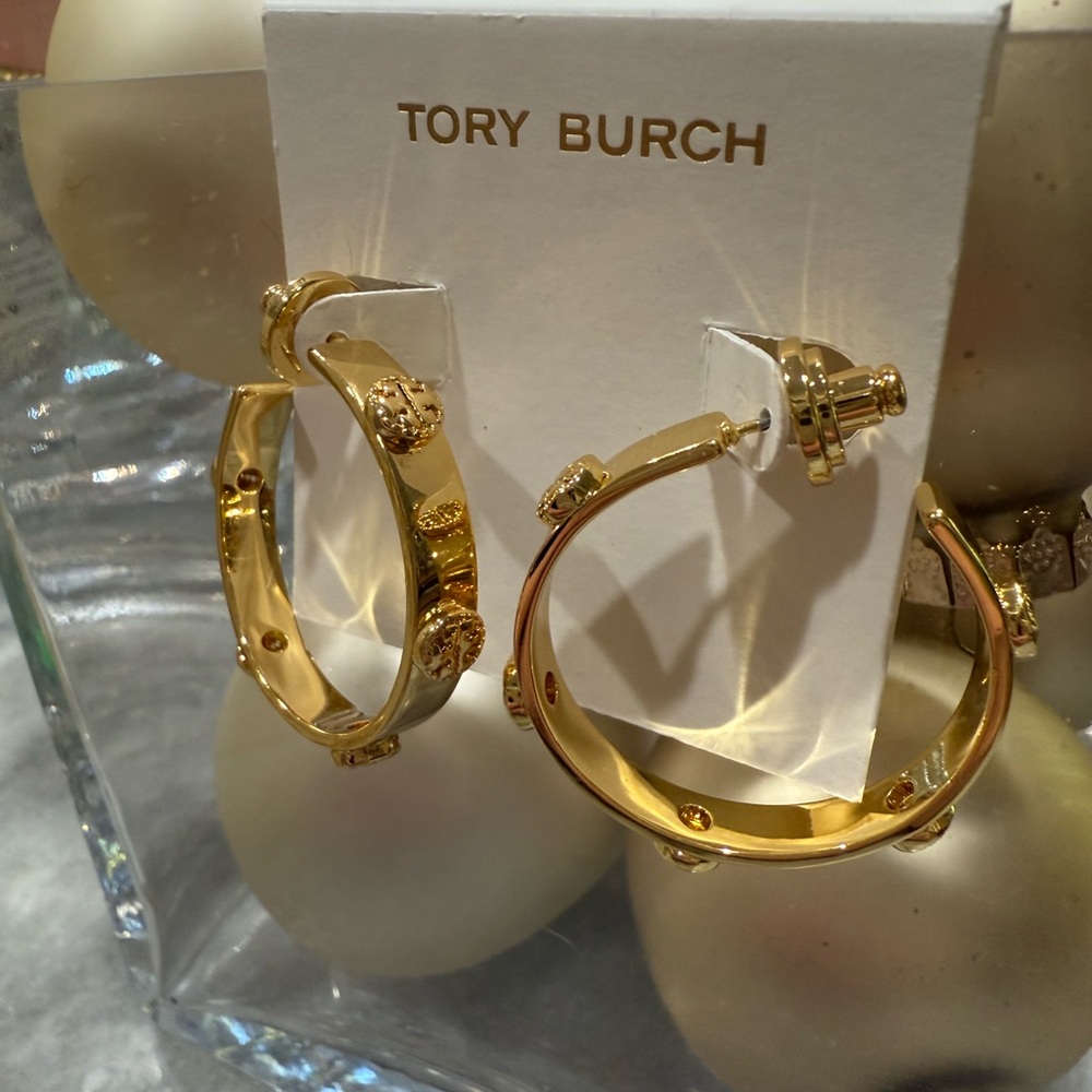 Tory Burch Gold Hoop Earrings with Dust Bag. 1 1/2” Size Hoops. - Picture 6 of 7